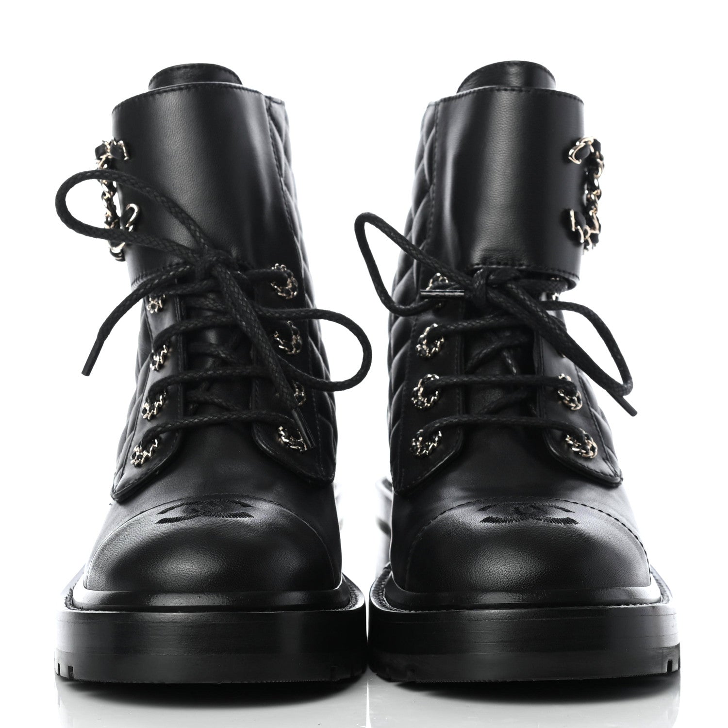Chanel Shiny Lambskin Quilted Lace Up Combat Boots 38 Black 2 of 9