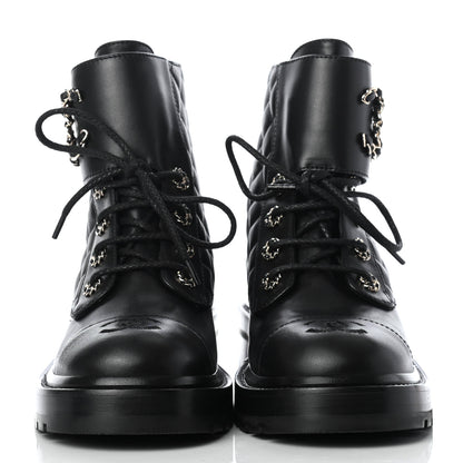 Chanel Shiny Lambskin Quilted Lace Up Combat Boots 38 Black 2 of 9