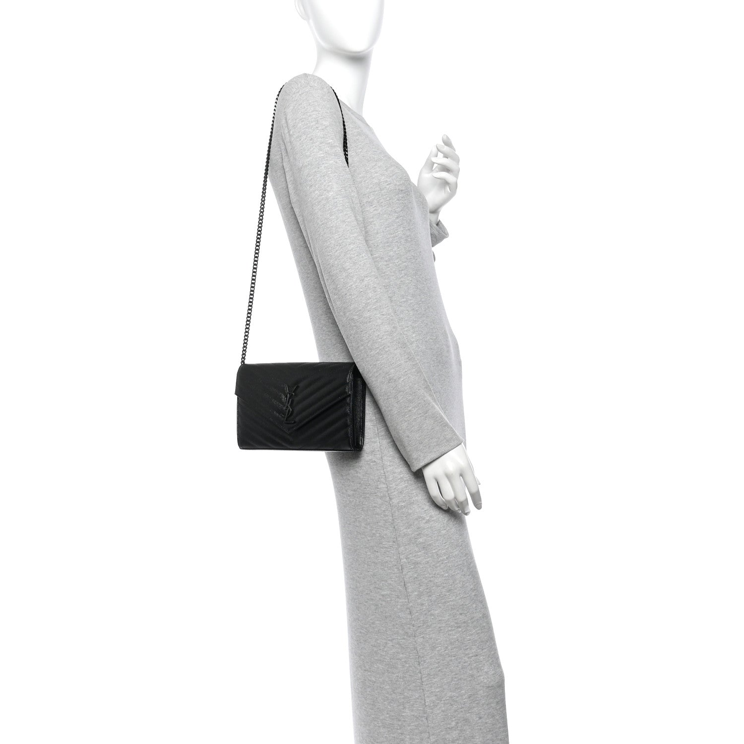 Saint Laurent Grain De Poudre Matelasse Chevron Monogram Monochrome Envelope Chain Wallet Black 2 of 11