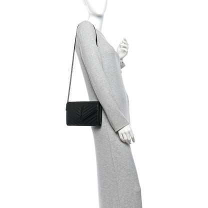 Saint Laurent Grain De Poudre Matelasse Chevron Monogram Monochrome Envelope Chain Wallet Black 2 of 11
