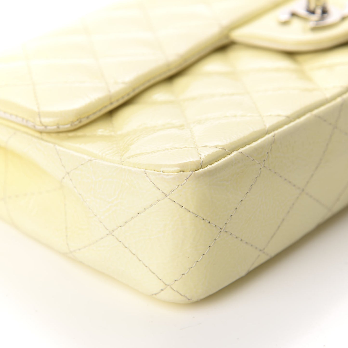 Distressed Patent Calfskin Quilted East West Flap Clutch Ivory