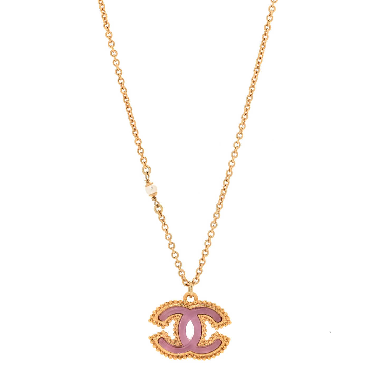Metal Enamel Pearl CC Chain Necklace Pendant Gold Pink