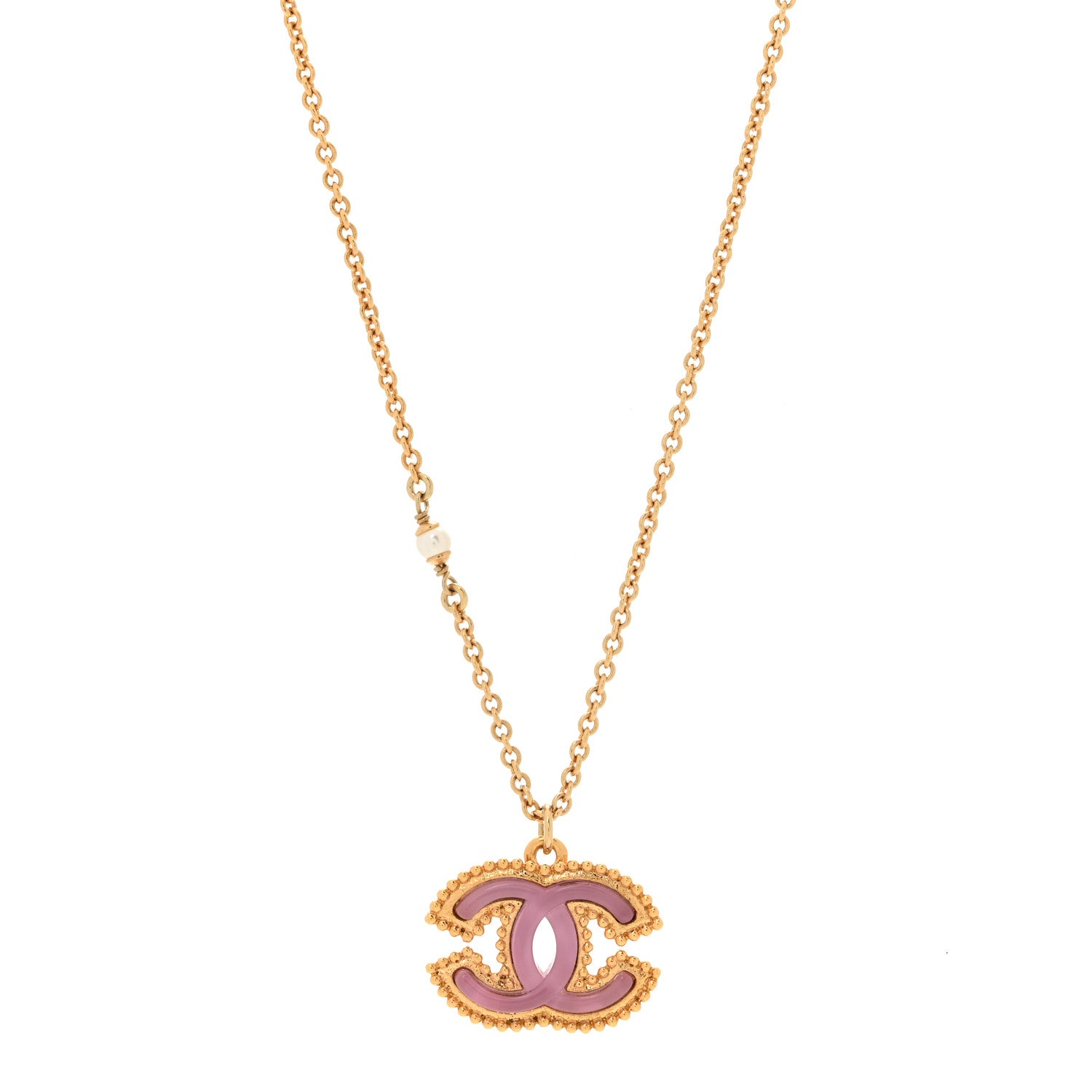 Chanel Metal Enamel Pearl CC Chain Necklace Pendant Gold Pink 1 of 5