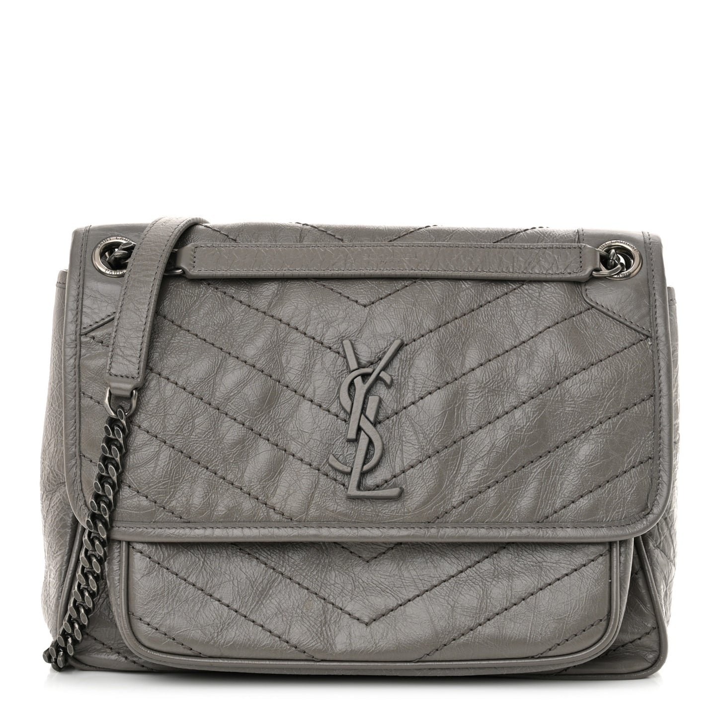 Crinkled Calfskin Matelasse Monogram Medium Niki Chain Satchel Fog