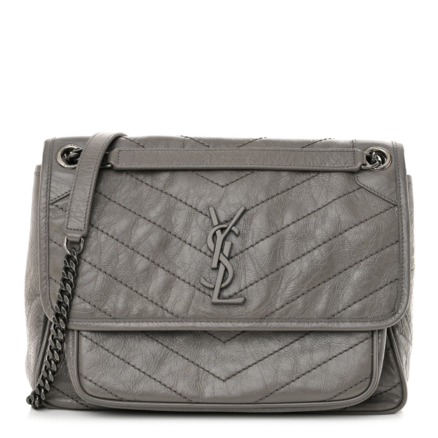 Saint Laurent Crinkled Calfskin Matelasse Monogram Medium Niki Chain Satchel Fog 1 of 12