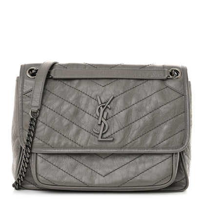 Saint Laurent Crinkled Calfskin Matelasse Monogram Medium Niki Chain Satchel Fog 1 of 12
