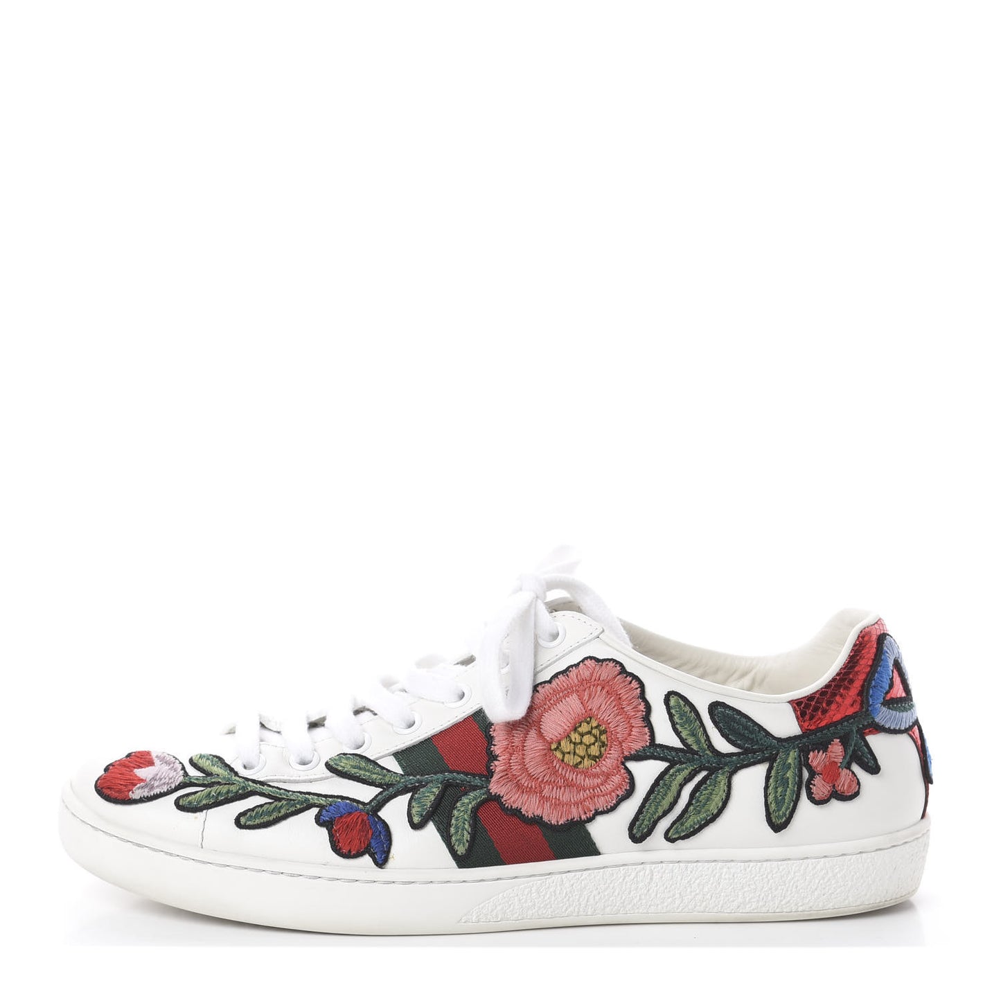 Calfskin Web Floral Embroidered Womens Ace Sneakers 38.5 White