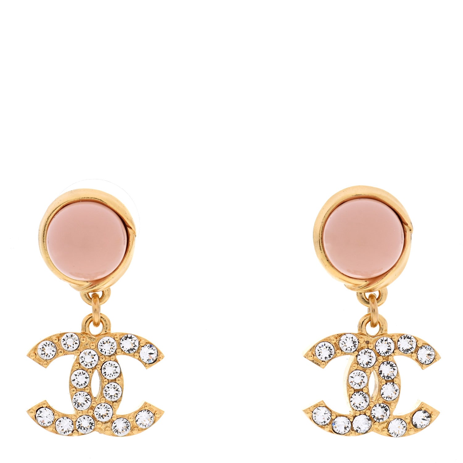 Chanel Crystal Pearl CC Drop Earrings Pink Gold 1 of 5