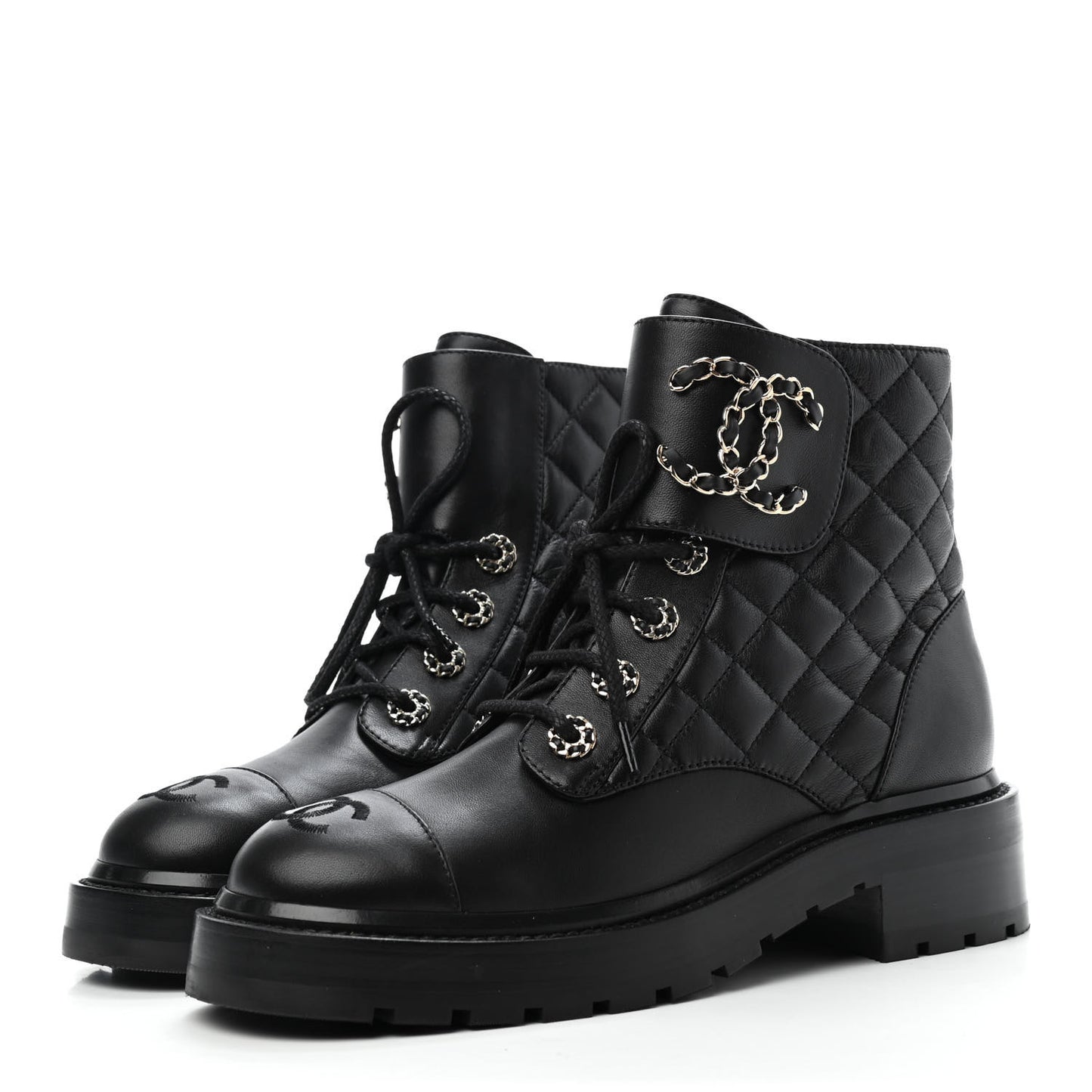 Shiny Lambskin Quilted Lace Up Combat Boots 35.5 Black