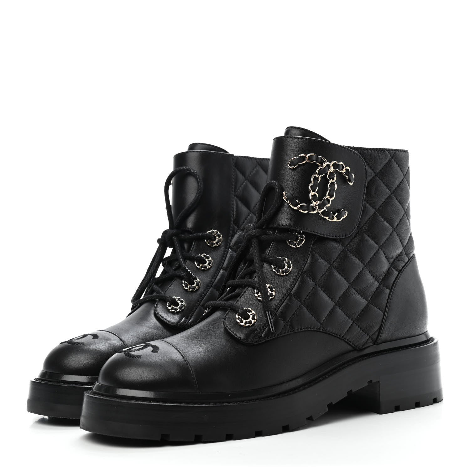 Chanel Shiny Lambskin Quilted Lace Up Combat Boots 35.5 Black 3 of 4