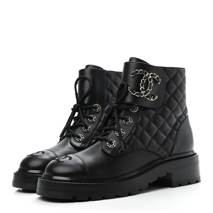 Chanel Shiny Lambskin Quilted Lace Up Combat Boots 35.5 Black 3 of 4