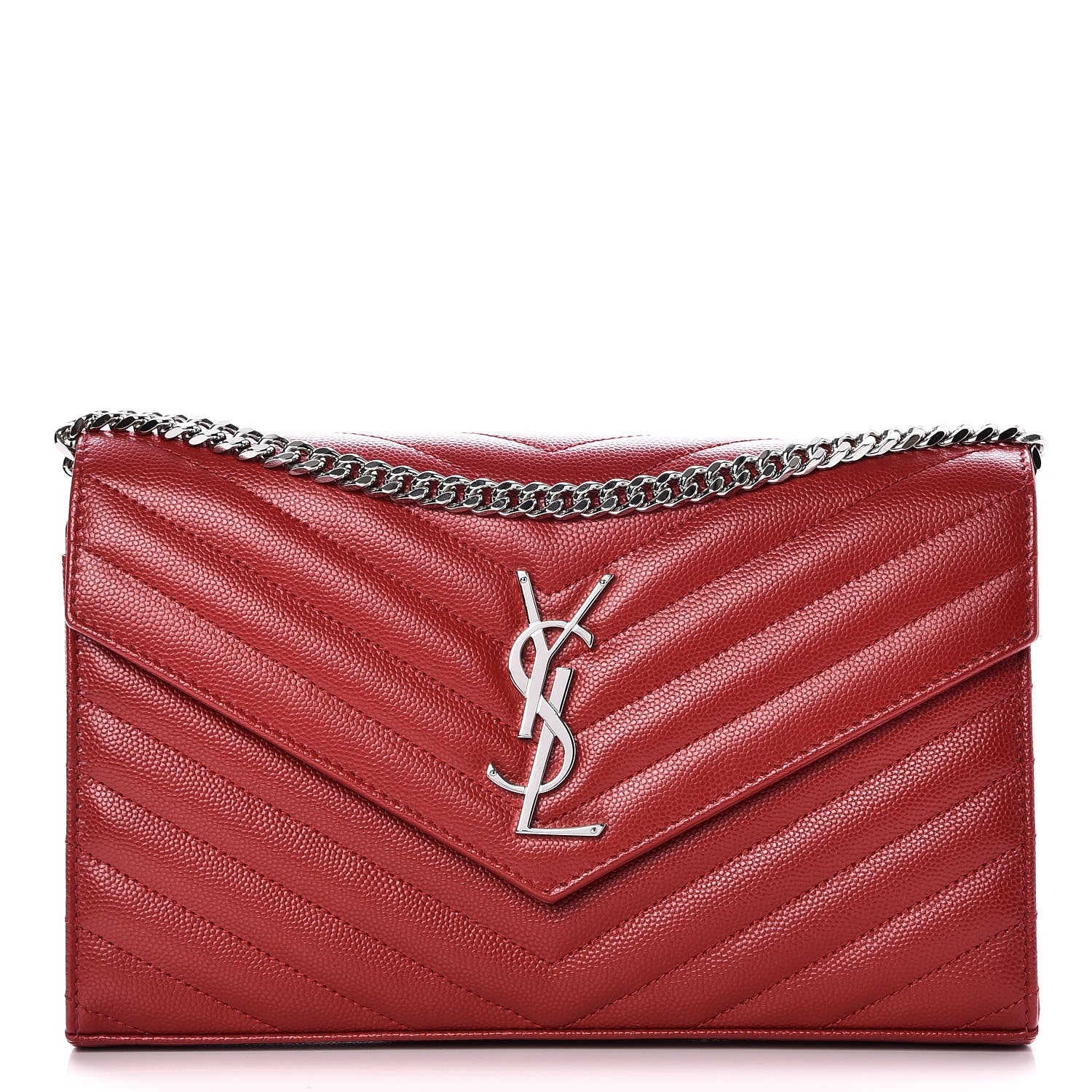 Saint Laurent Grain De Poudre Matelasse Chevron Monogram Chain Wallet Red 1 of 8