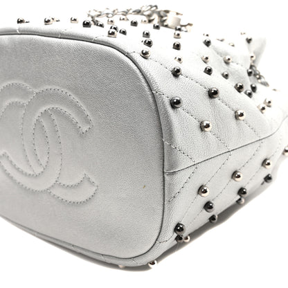 Chanel Metallic Lambskin Studded Chevron Quilted Small Stud Wars Drawstring Bag Silver 10 of 10