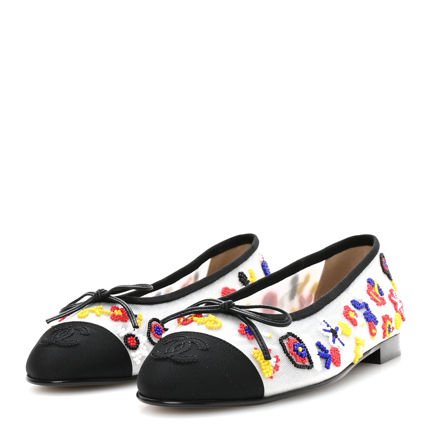 Mesh Pearl Grosgrain Cap Toe CC Coco Beach Ballerina Flats 39 Multicolor Black