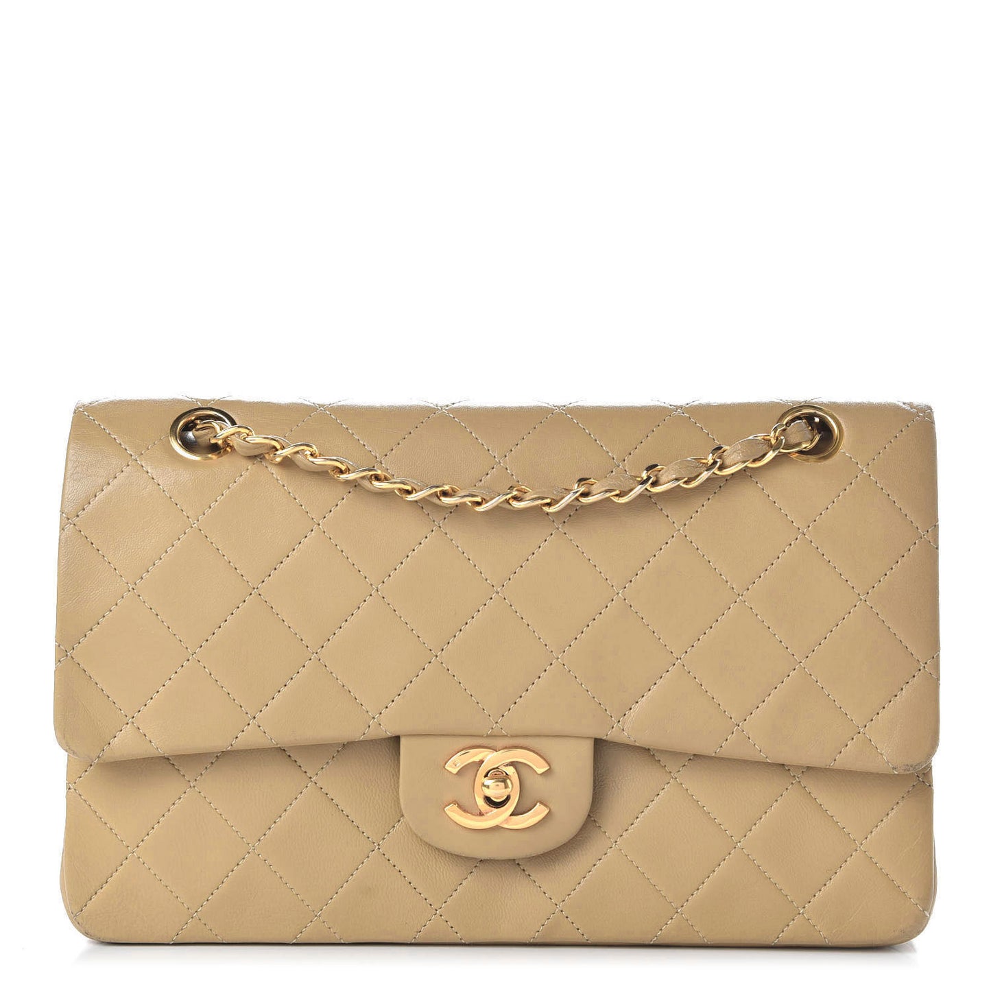 Lambskin Quilted Medium Double Flap Beige
