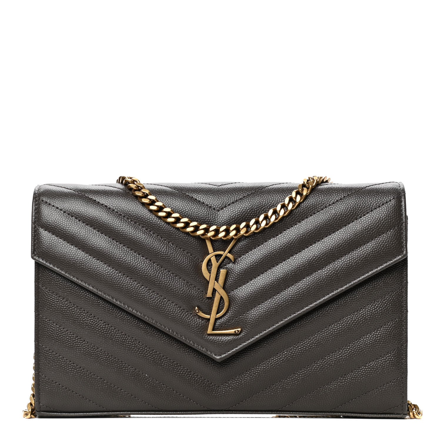 Saint Laurent Grain De Poudre Matelasse Chevron Monogram Chain Wallet Pebble 1 of 4