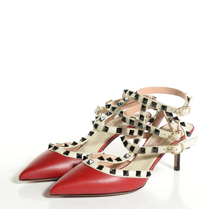 Valentino Garavani Nappa Rockstud Ankle Strap Low Heel Pumps 37 Red Ivory 3 of 7