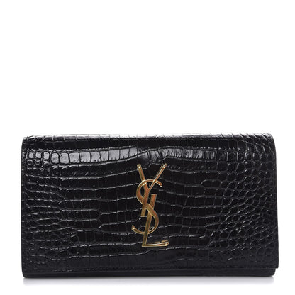 Saint Laurent Calfskin Crocodile Embossed Large Monogram Flap Wallet Black 1 of 8