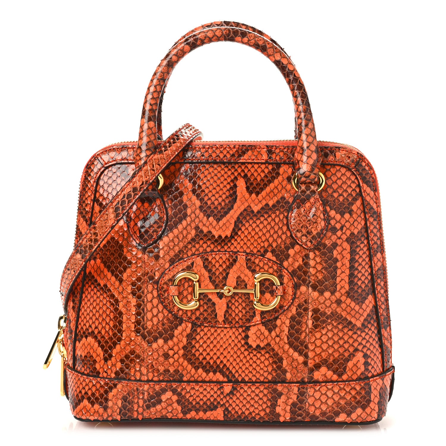 Gucci Shiny Snakeskin Small Horsebit 1955 Top Handle Bag Deep Orange 1 of 9