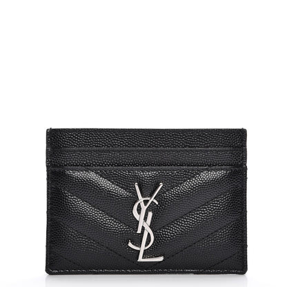 Saint Laurent Grain De Poudre Matelasse Chevron Monogram Credit Card Case Black 1 of 8