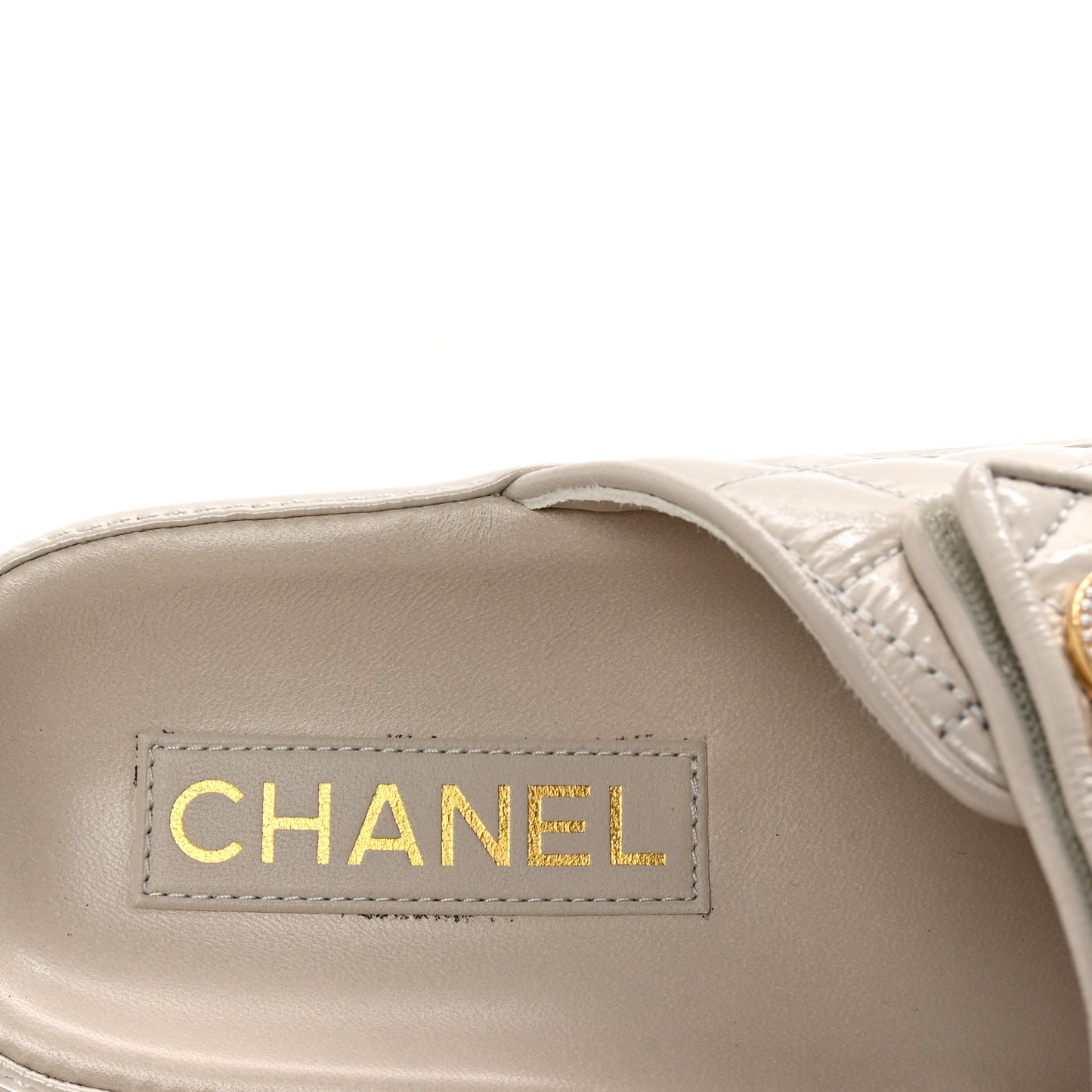 Shiny Calfskin Pearl Quilted Velcro Dad CC Slide Sandals 36.5 Light Beige