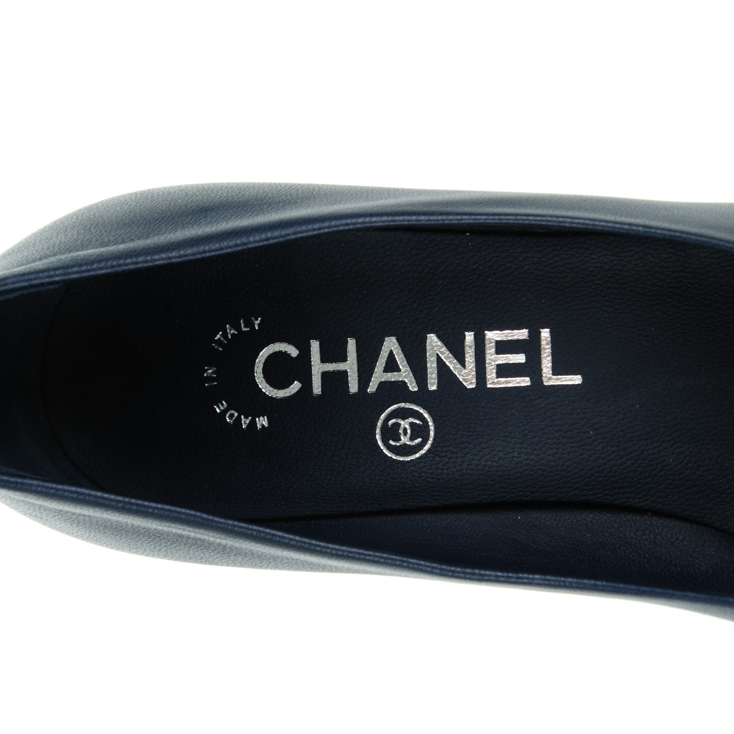 Calfskin CC Cap Toe Platform Chain Pumps 35 Navy Black