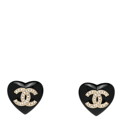 Chanel Resin Crystal CC Heart Earrings Black Gold 1 of 5