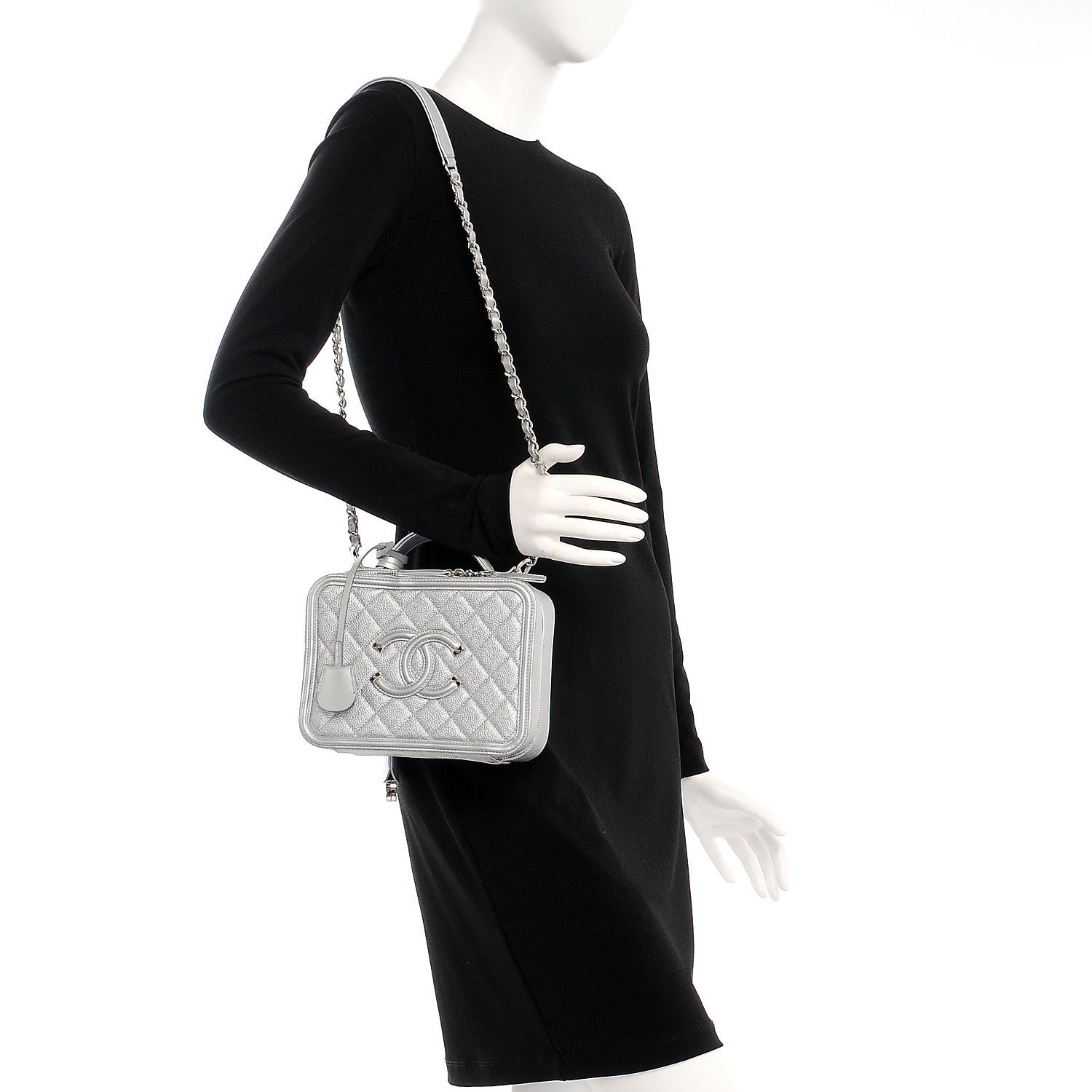 Chanel Metallic Caviar Quilted Medium CC Filigree Vanity Case Silver 2 of 9