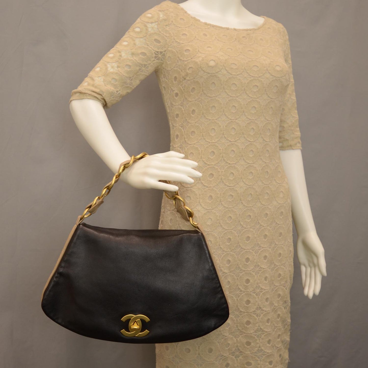 Lambskin Flap Bag Black Beige