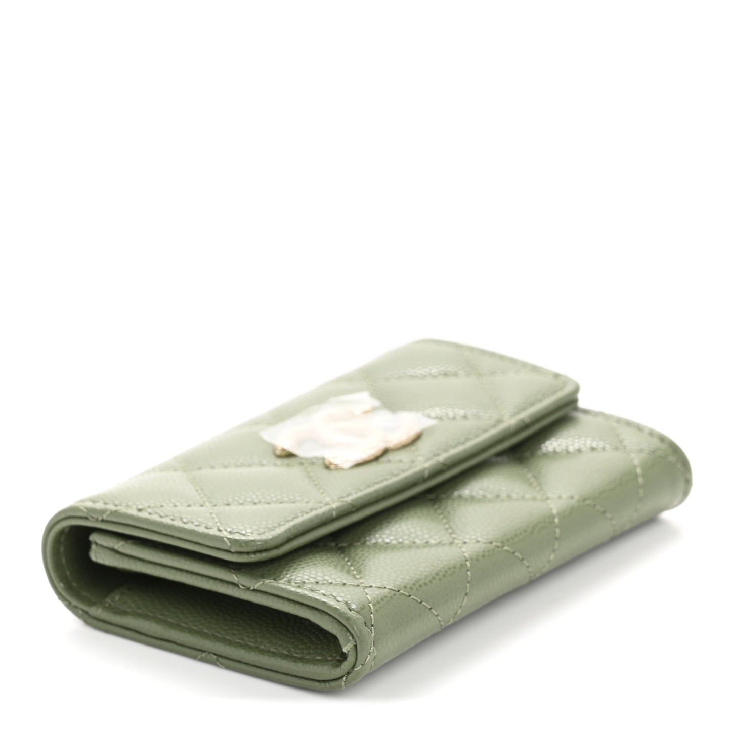 Caviar Quilted CC Glitter Flap Card Holder Khaki