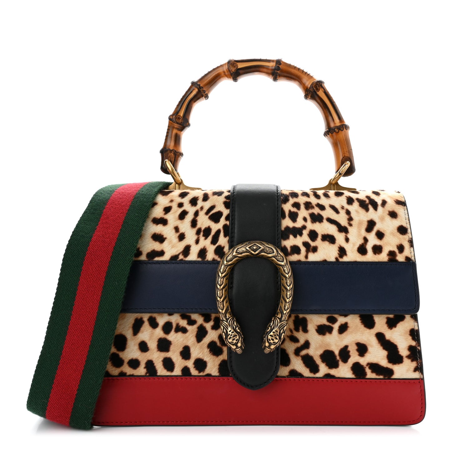 Calf Hair Calfskin Bamboo Web Leopard Print Medium Dionysus Top Handle Bag Natural Blue Agata Hibiscus Red