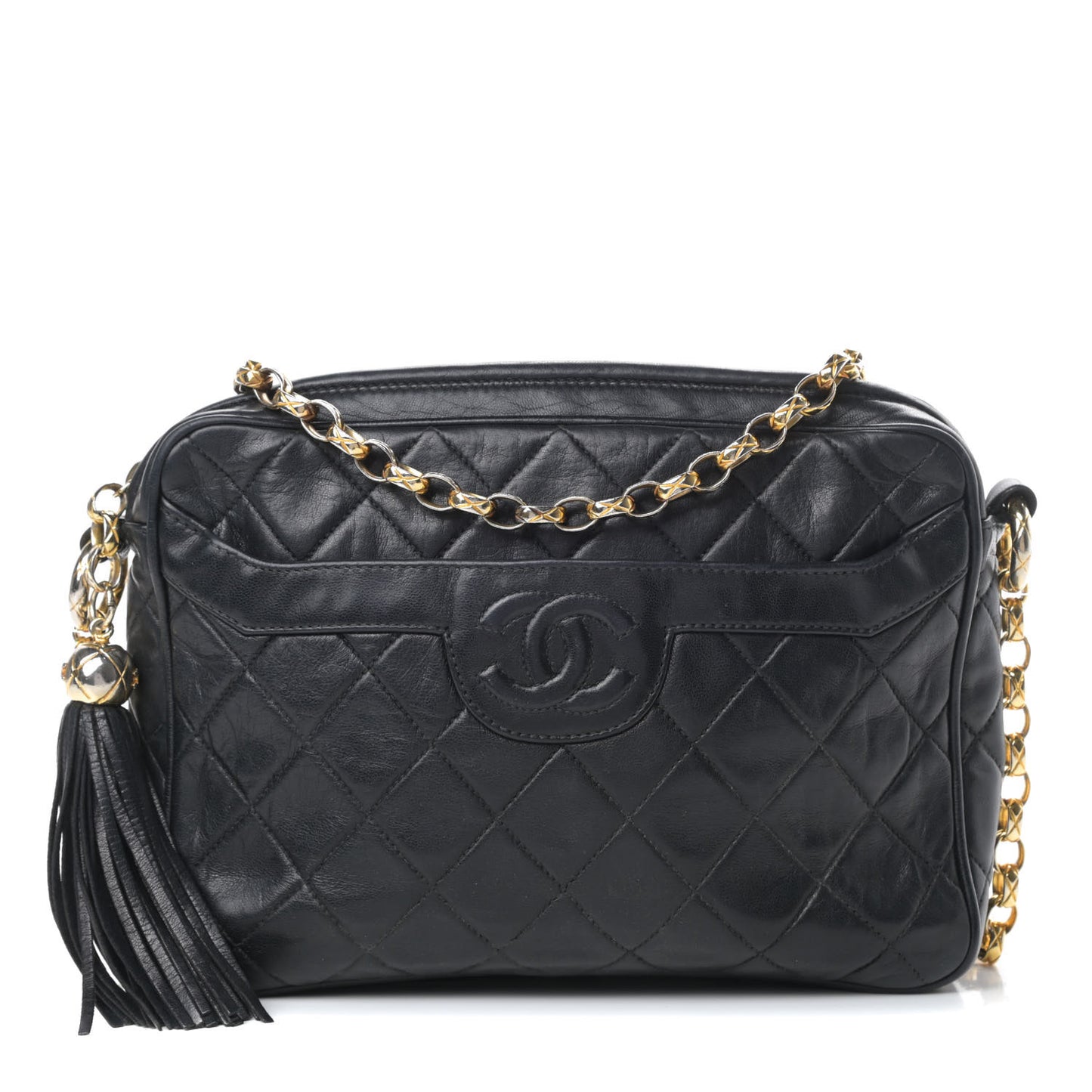 Lambskin Quilted CC Tassel Camera Case Black