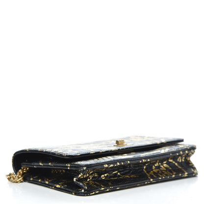Chanel Calfskin Crocodile Embossed Graffiti 2.55 Cocodile Reissue Wallet On Chain WOC Black Gold 4 of 12