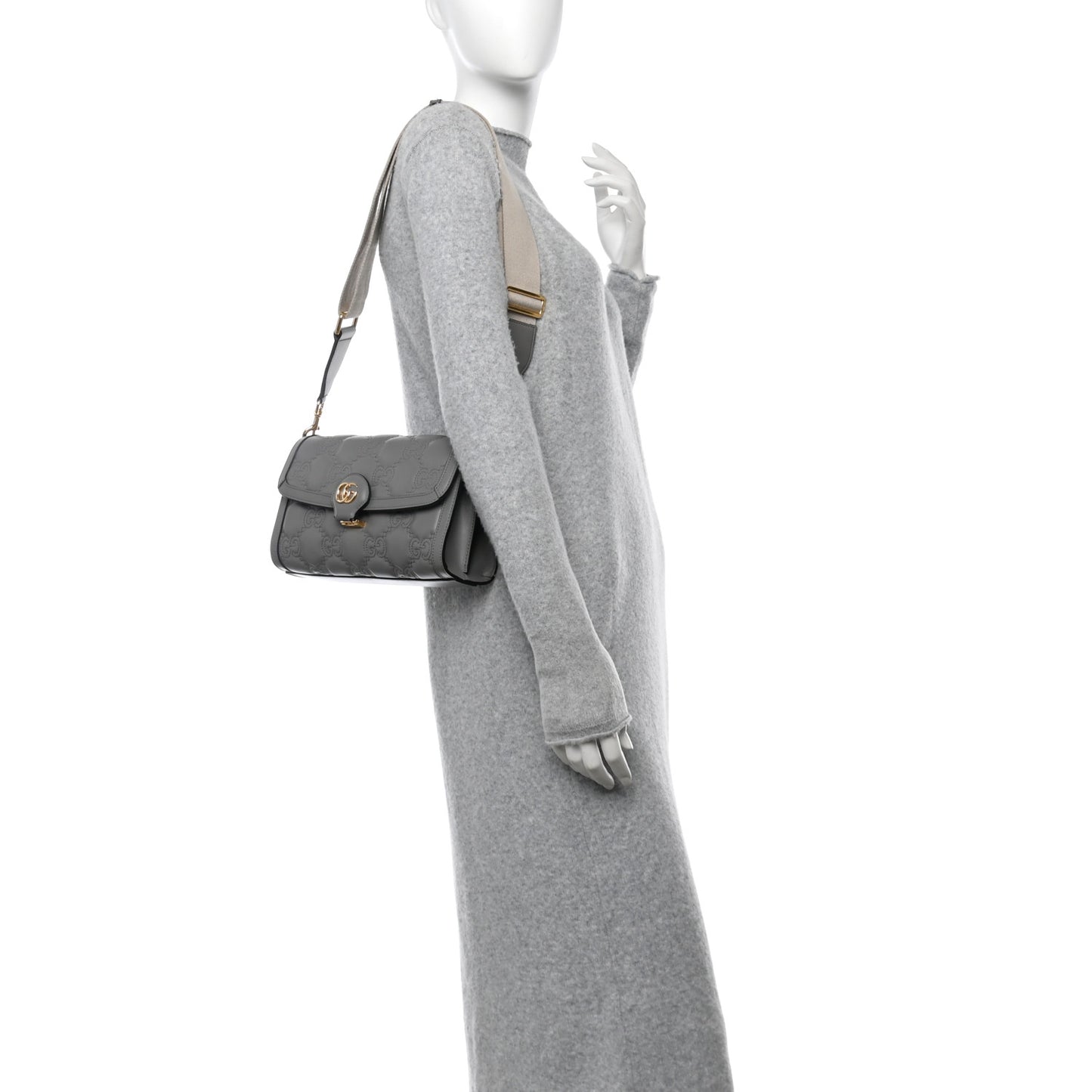 Calfskin GG Matelasse Small Flap Shoulder Bag Dusty Grey Natural