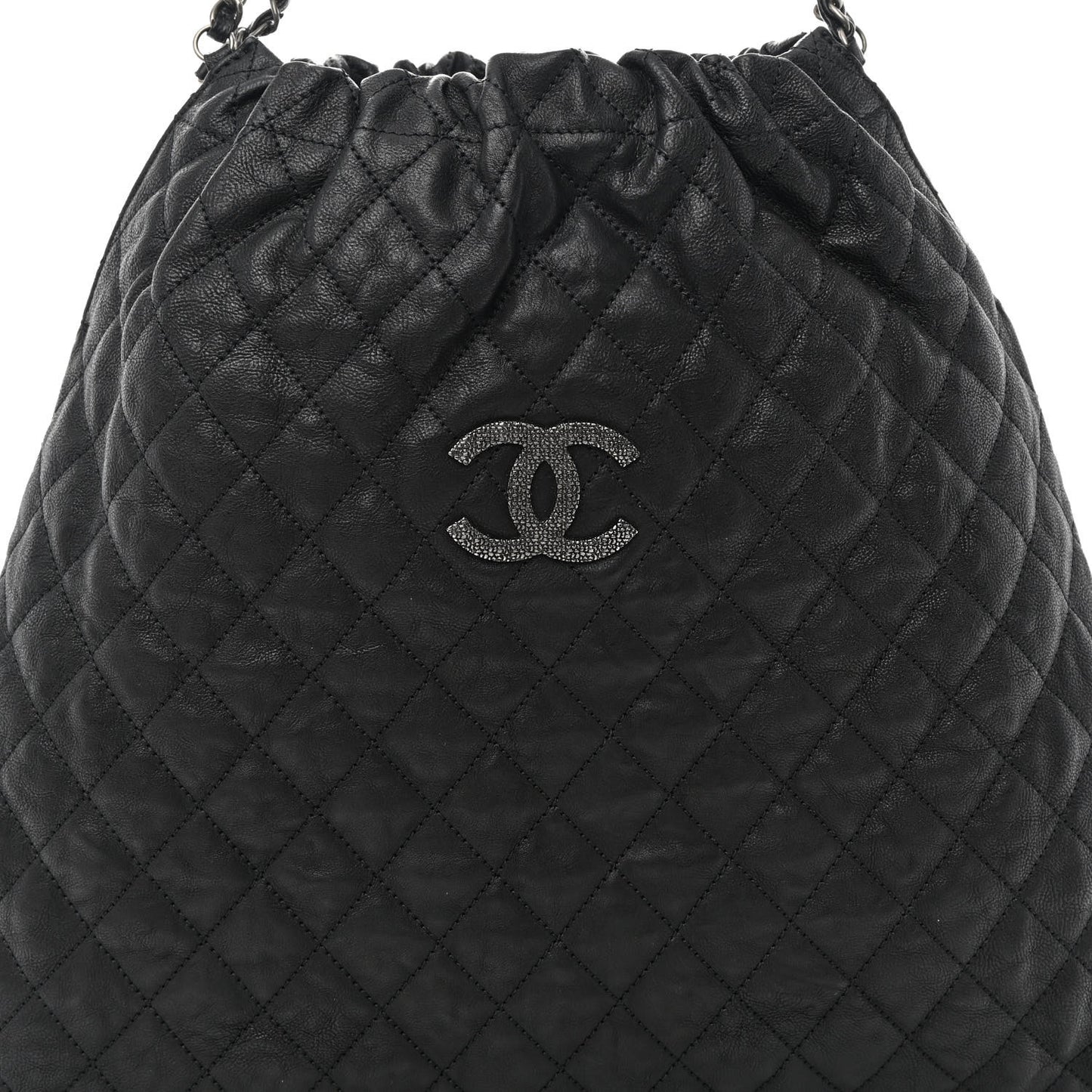 Distressed Glazed Caviar Quilted Large Elastic Tote Black