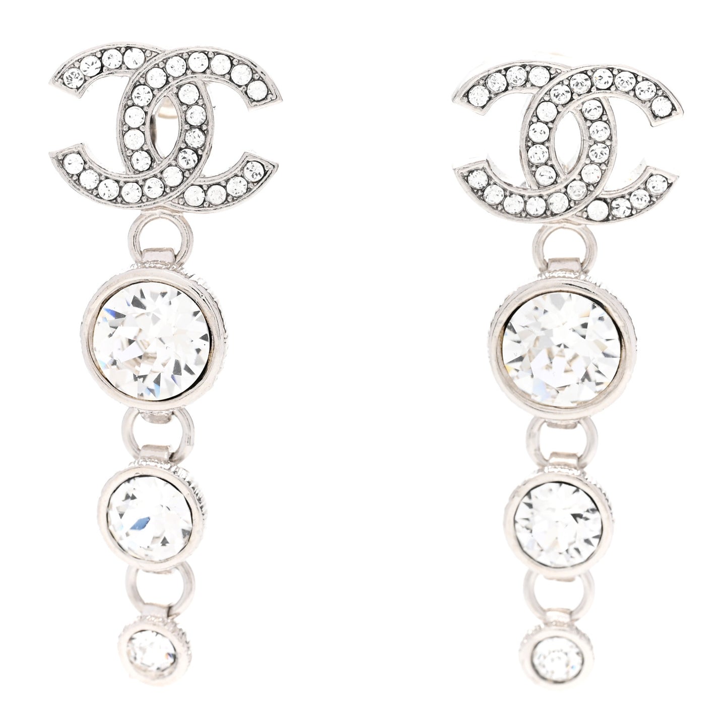 Metal Crystal CC Drop Earrings Silver