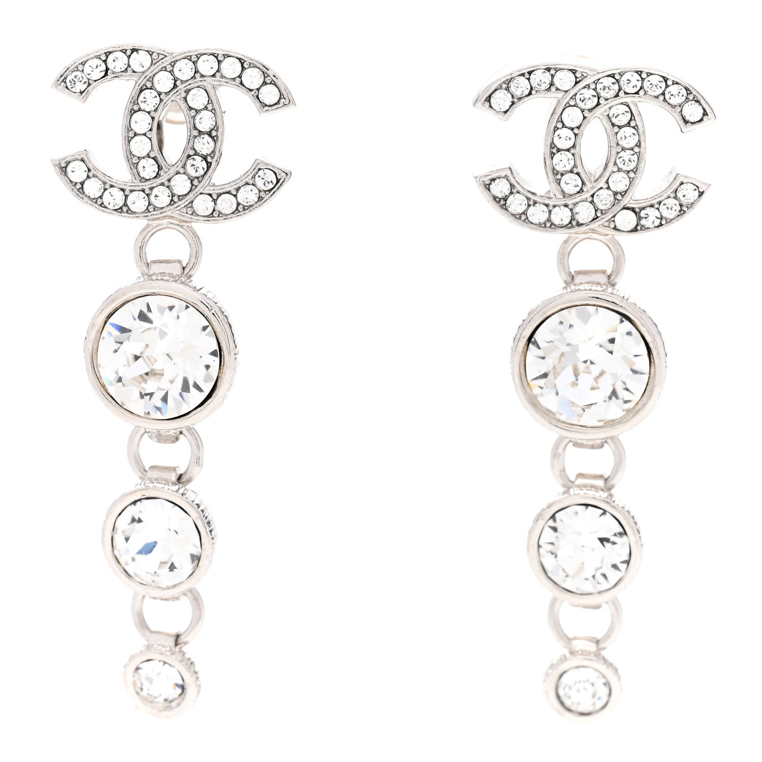 Chanel Metal Crystal CC Drop Earrings Silver 1 of 4
