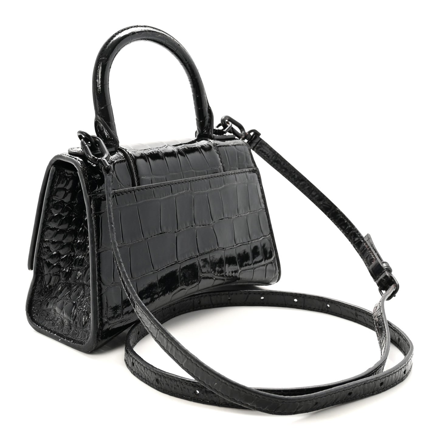 Shiny Calfskin Monochrome Crocodile Embossed Hourglass Top Handle Bag XS Black