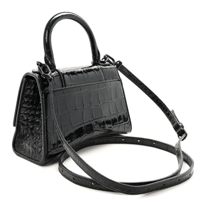 Balenciaga Shiny Calfskin Monochrome Crocodile Embossed Hourglass Top Handle Bag XS Black 3 of 9