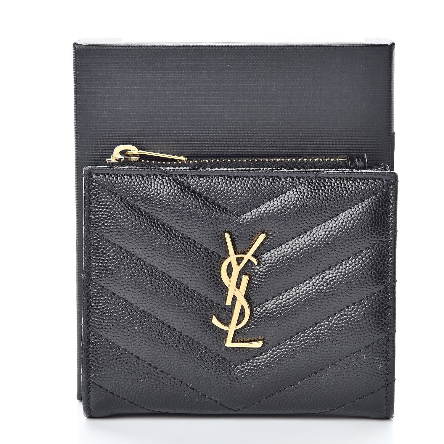 Saint Laurent Grain De Poudre Matelasse Chevron Monogram Zipped Card Case Black 9 of 9