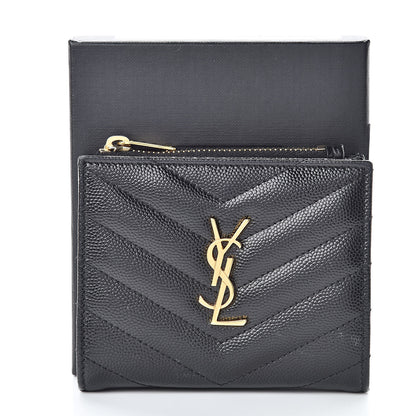 Saint Laurent Grain De Poudre Matelasse Chevron Monogram Zipped Card Case Black 9 of 9