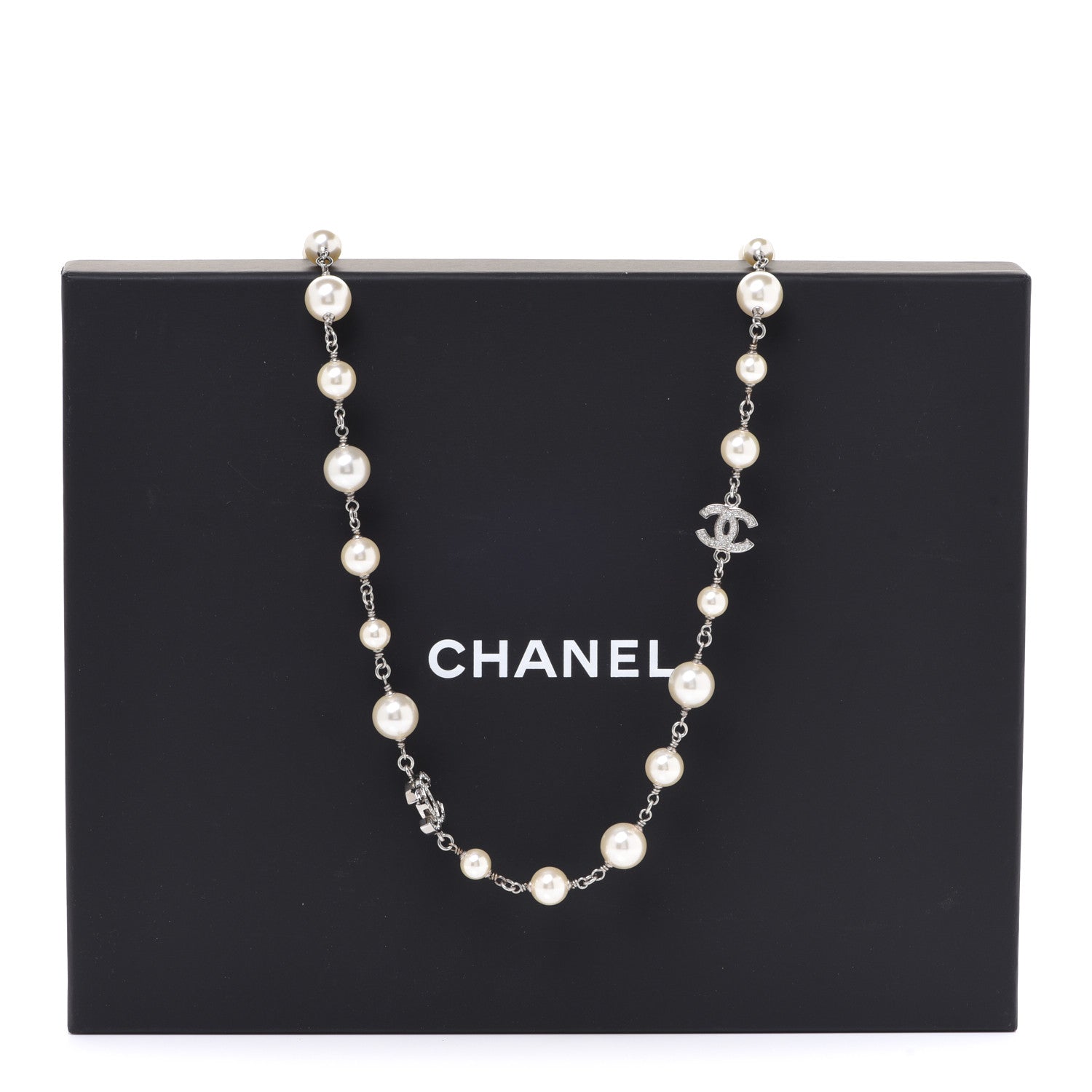 Chanel Graduated Pearl Crystal CC Long Necklace Silver 6 of 6