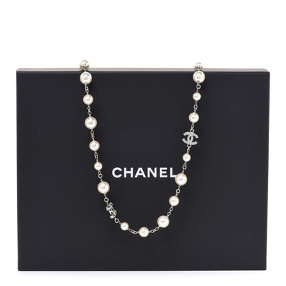 Chanel Graduated Pearl Crystal CC Long Necklace Silver 6 of 6