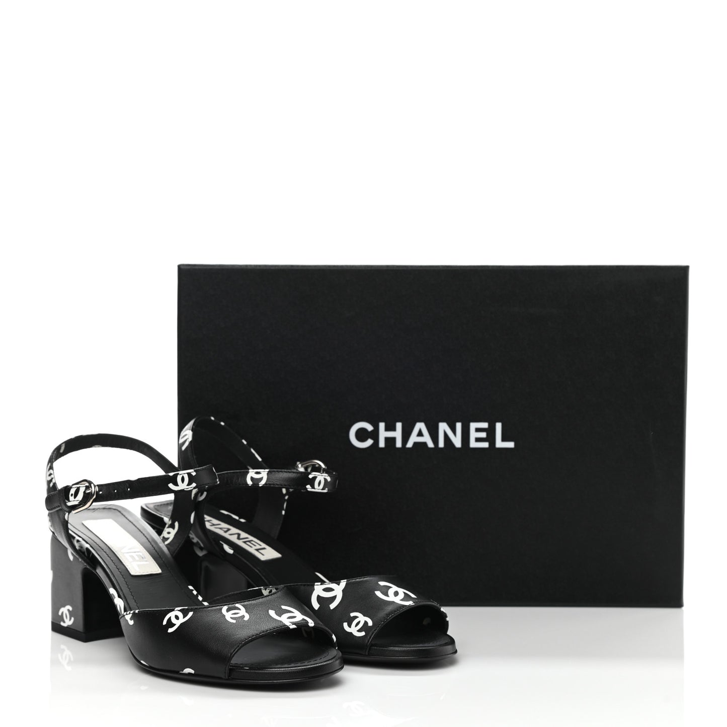 Printed Lambskin CC Sandals 36 Black White