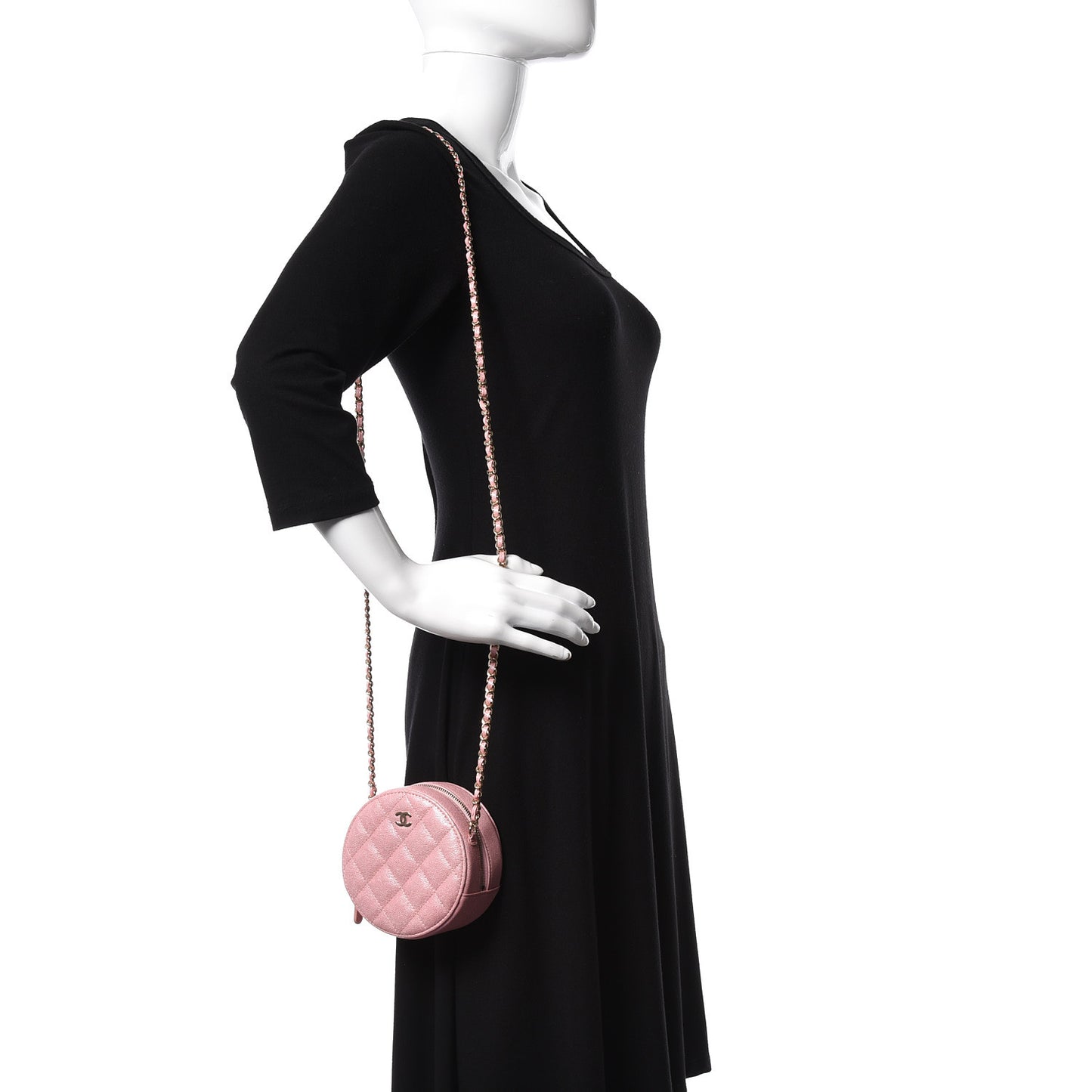 Iridescent Caviar Quilted Round Clutch With Chain Pink