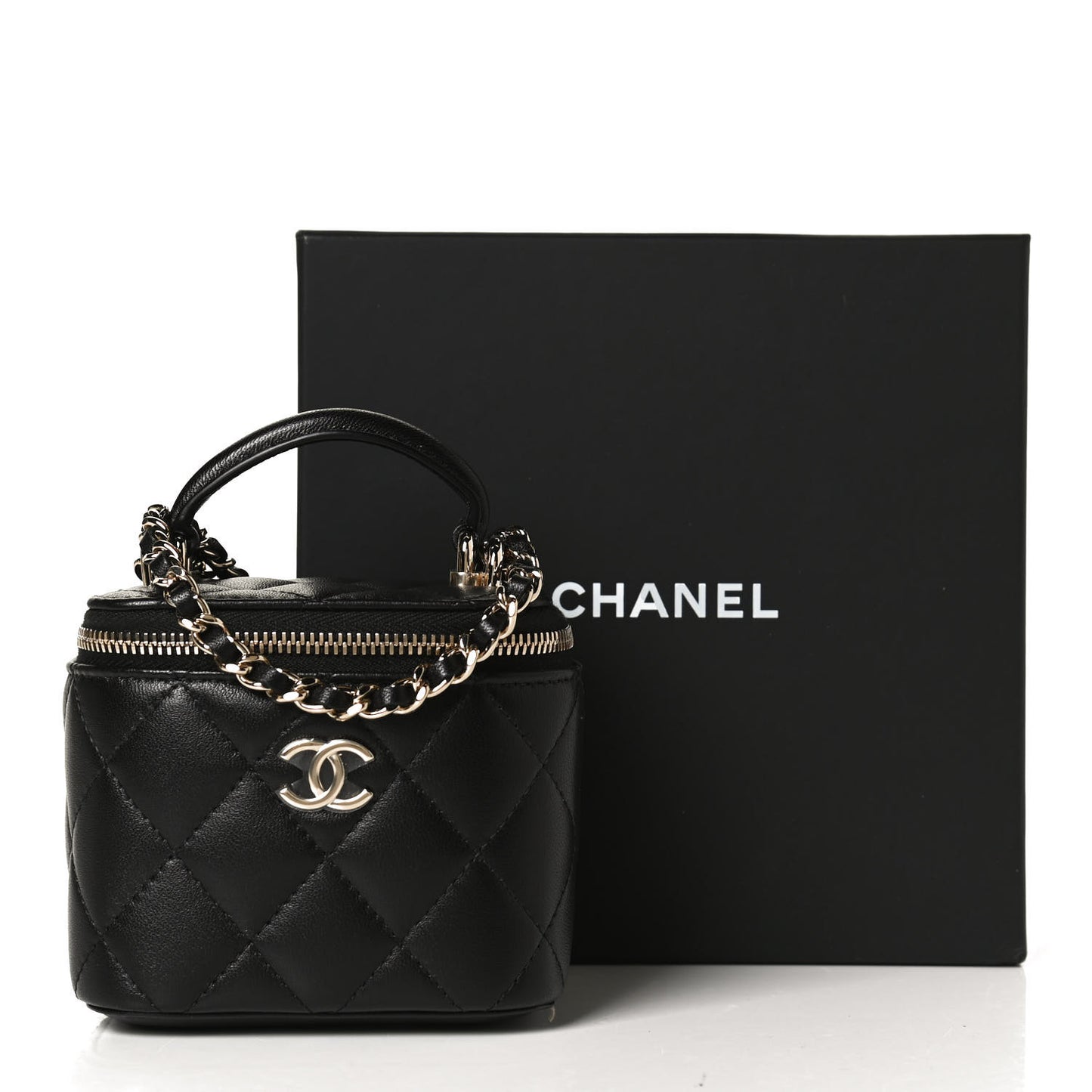Lambskin Quilted Top Handle Mini Vanity Case With Chain Black