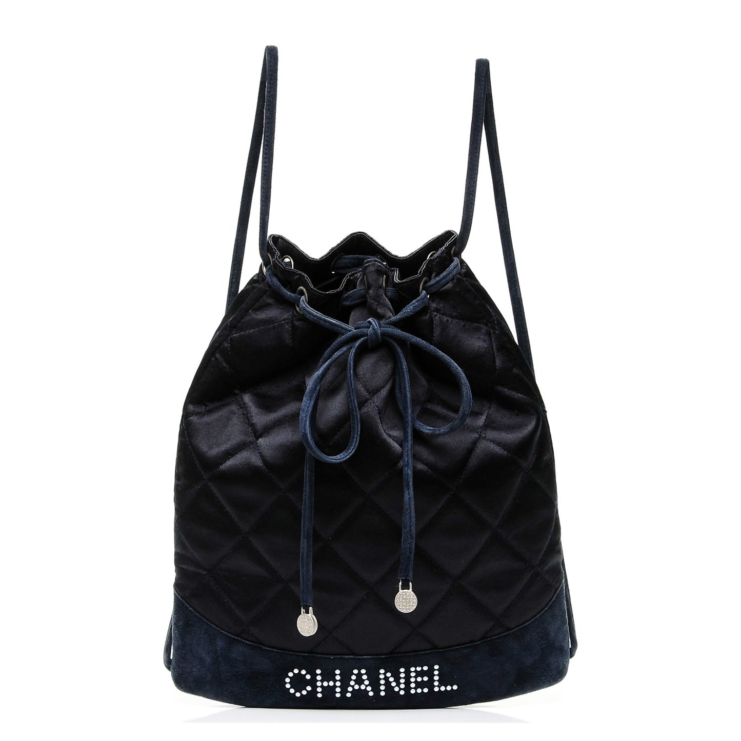 Satin Suede Quilted Drawstring Backpack Navy