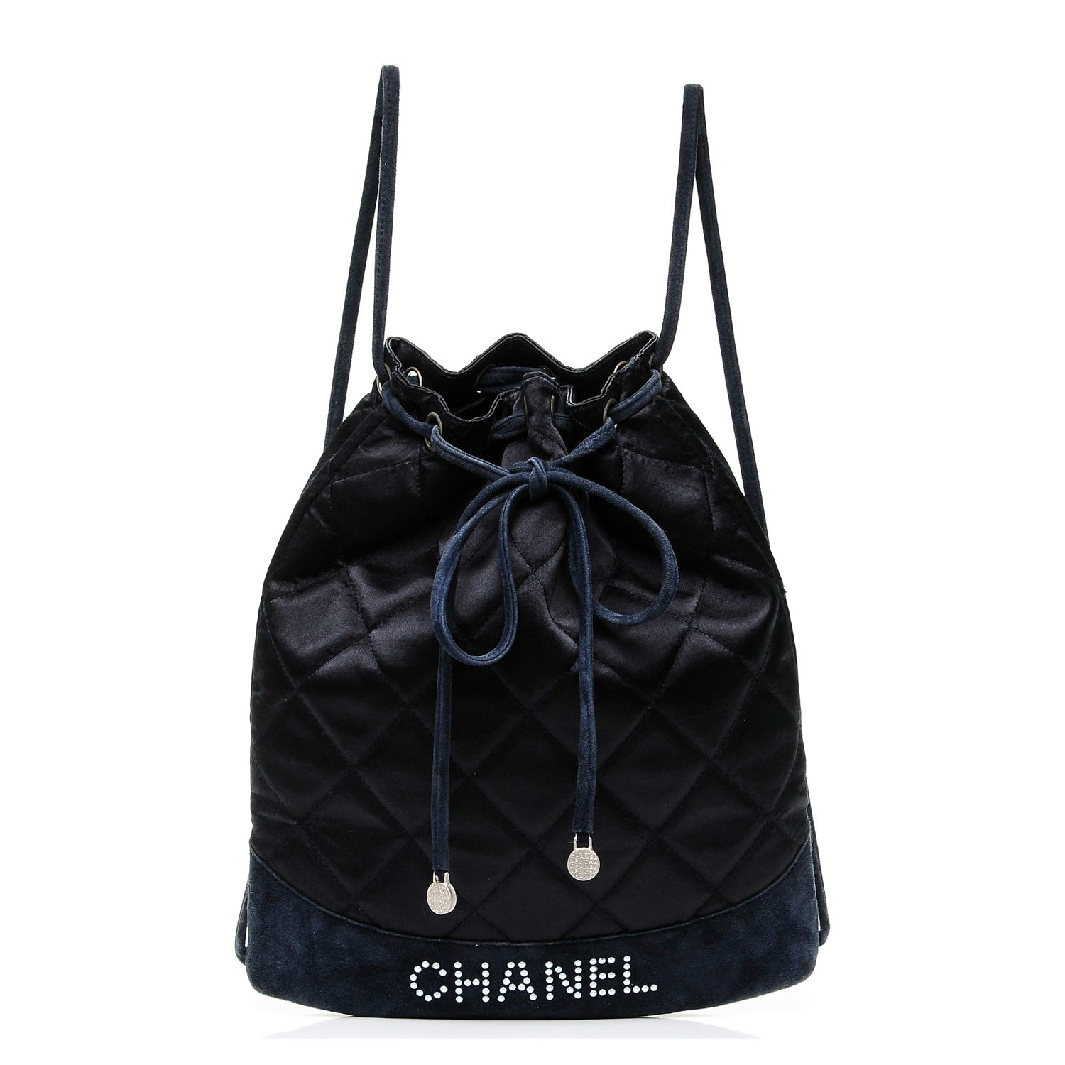 Chanel Satin Suede Quilted Drawstring Backpack Navy 1 of 7