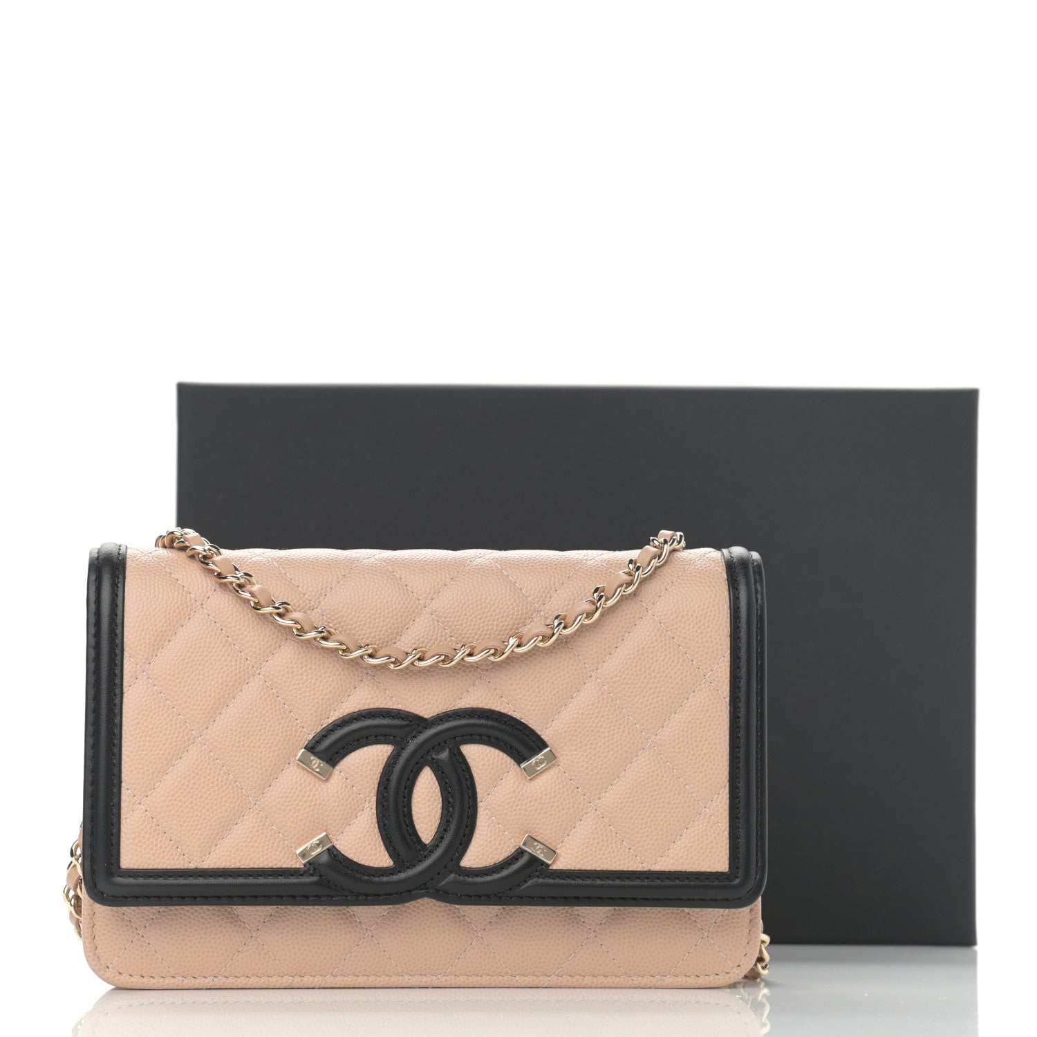 Chanel Caviar Quilted CC Filigree Wallet On Chain WOC Beige Black 12 of 12