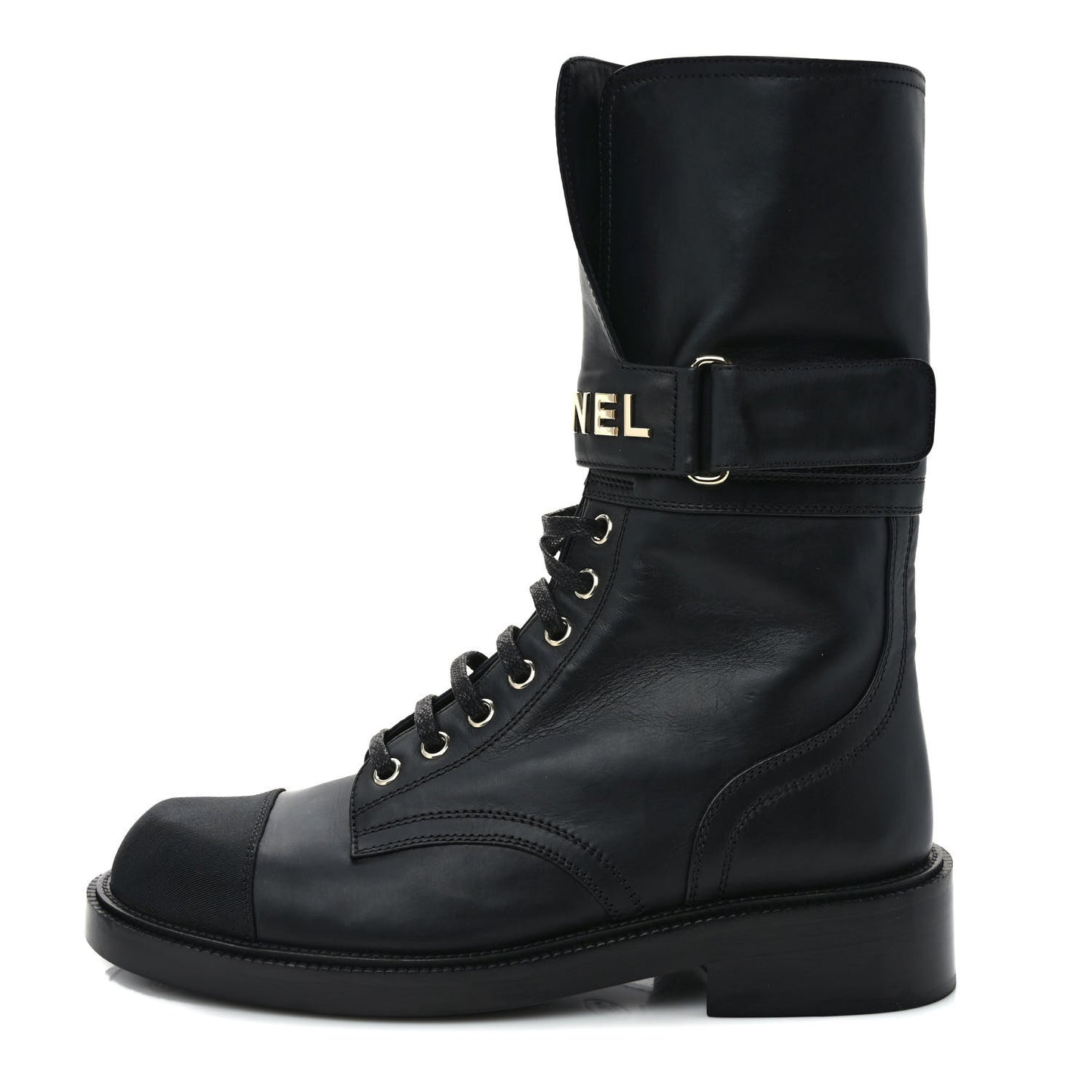 Shiny Calfskin Lace Up Combat Boots 38 Black
